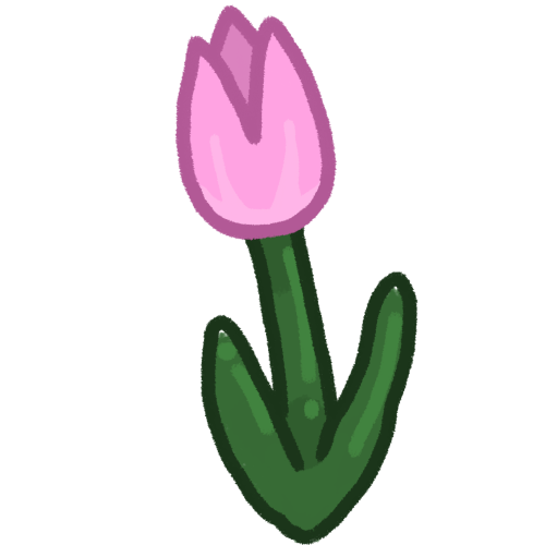 a pink almost tear drop shaped flower, two petals over lap a third petal near the center with a green stem and two tall leaves